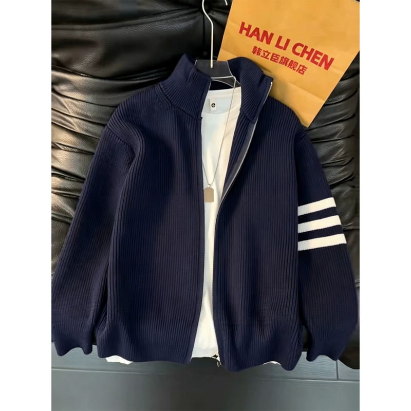 Navy Blue Three-Stripe Double-Zip Cardigan Sweater for Men and Women, Autumn Cleanfit Lazy Style Knitwear Jacket Navy Blue Three-Stripe Double-Zip Cardigan Sweater for Men and Women, Autumn Cleanfit Lazy Style Knitwear Jacket
