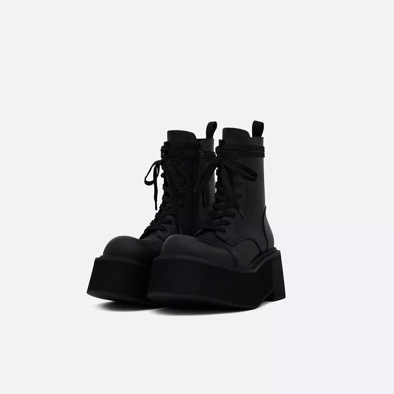Sonder Plan Ultra-Thick-Soled Martin Boots, Narrow Shaft, Large Toe, Height-Increasing, Slimming Short Boots, Genuine Leather Women's Boots