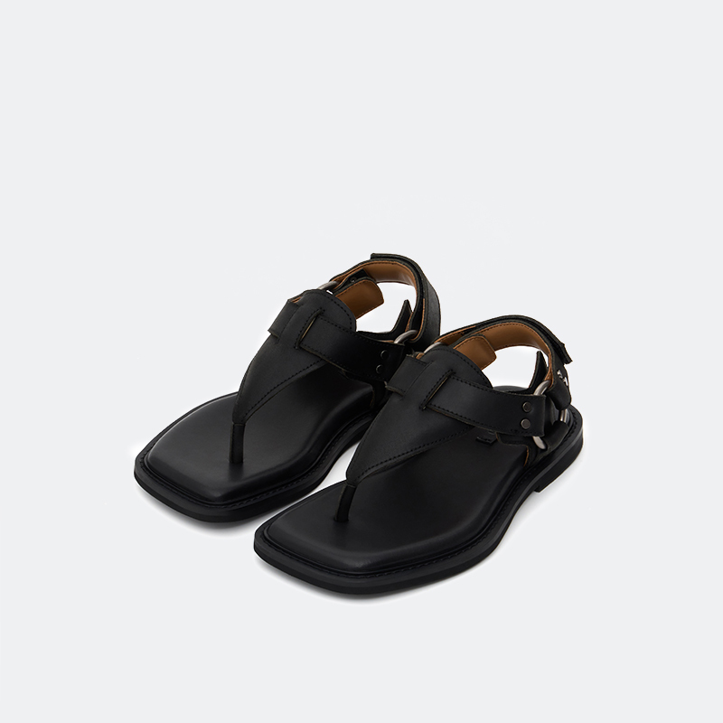 Sonder Plan Buckle Flip-Flops, First-Layer Cowhide Square-Toe Silhouette Sandals, Thong Flat Slippers