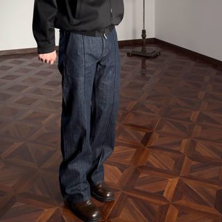 Oclin-selvedge-hose mit dreidimensionaler naht auf der vorderseite aus rohem rindsleder, gerade, gemütliche version, okayama-blau, retro-stil zum pendeln