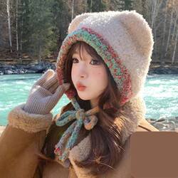 2025 New Cute Bear Ear Knitted Wool Hat for Women, Plush Hat for Autumn and Winter, Warm Ear Protection, Large Head Circumference