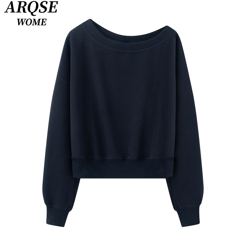Ainoswangjing Official Flagship Store 2025 Autumn New Style Asymmetrical Shoulder Casual Loose Sweatshirt Top for Women 3004