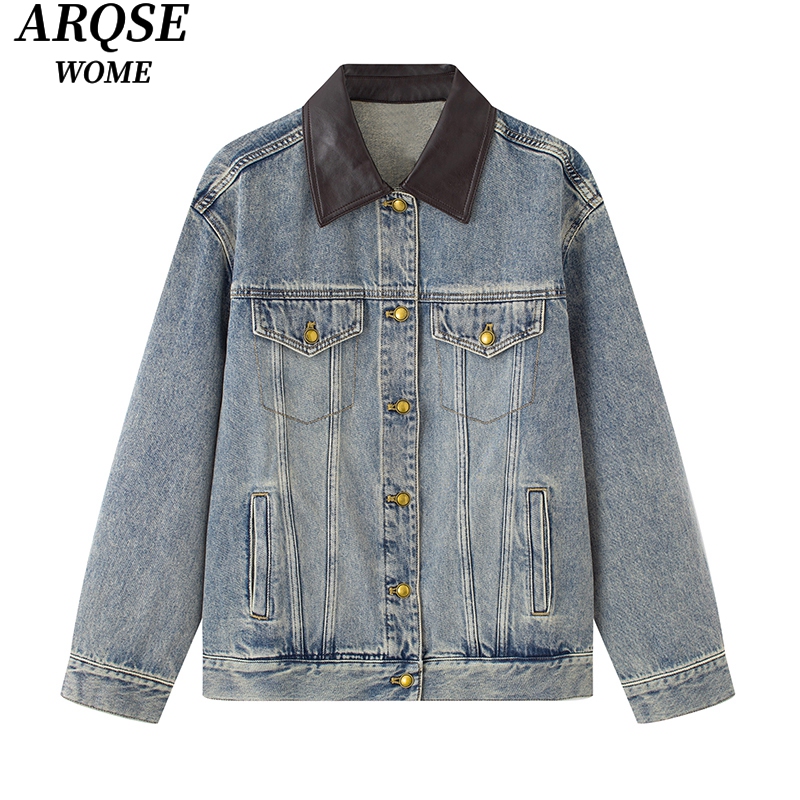 Ainoswangjing Official Flagship Store 2025 Autumn New Loose Leather Collar Patchwork Long Sleeve Denim Jacket 3046