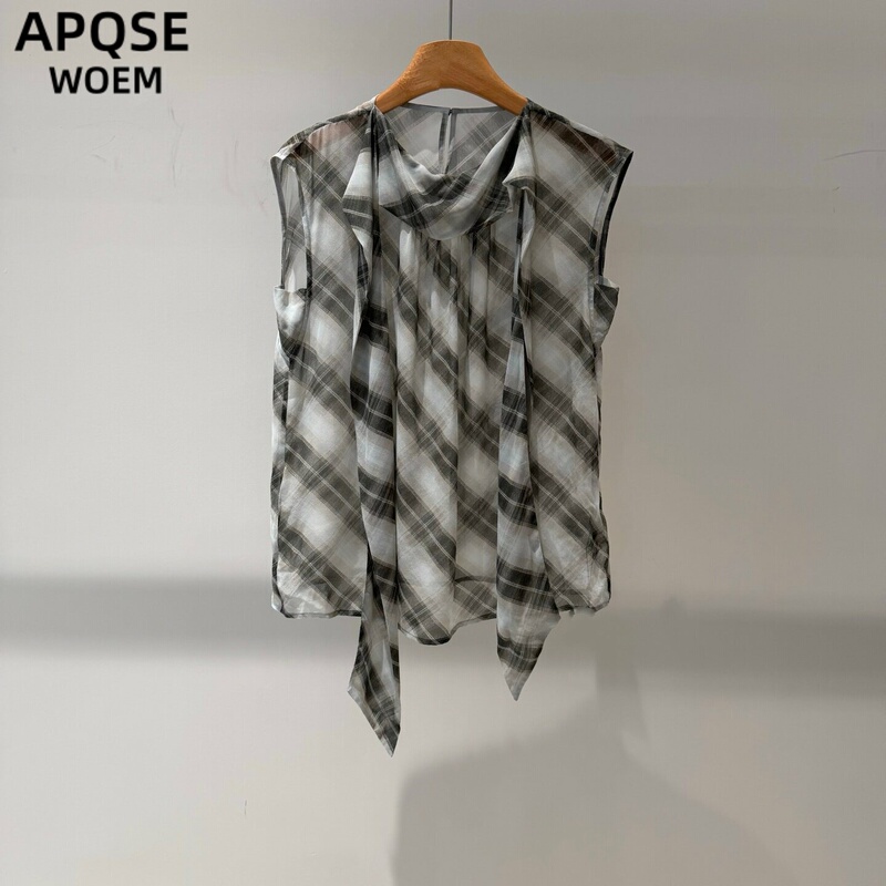 Ainoswangjing 2026 Summer New Plaid Sleeveless Shirt for Women with Tie, Versatile Sun Protection Top 6935 Ainoswangjing 2026 Summer New Plaid Sleeveless Shirt for Women with Tie, Versatile Sun Protection Top 6935