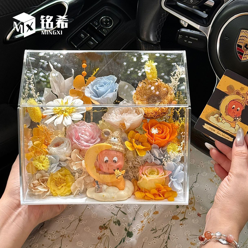 High-Definition Transparent Acrylic Flower Box Display Case with Dust Cover, Mirror Surface, Multi-Color Diy, Any Size