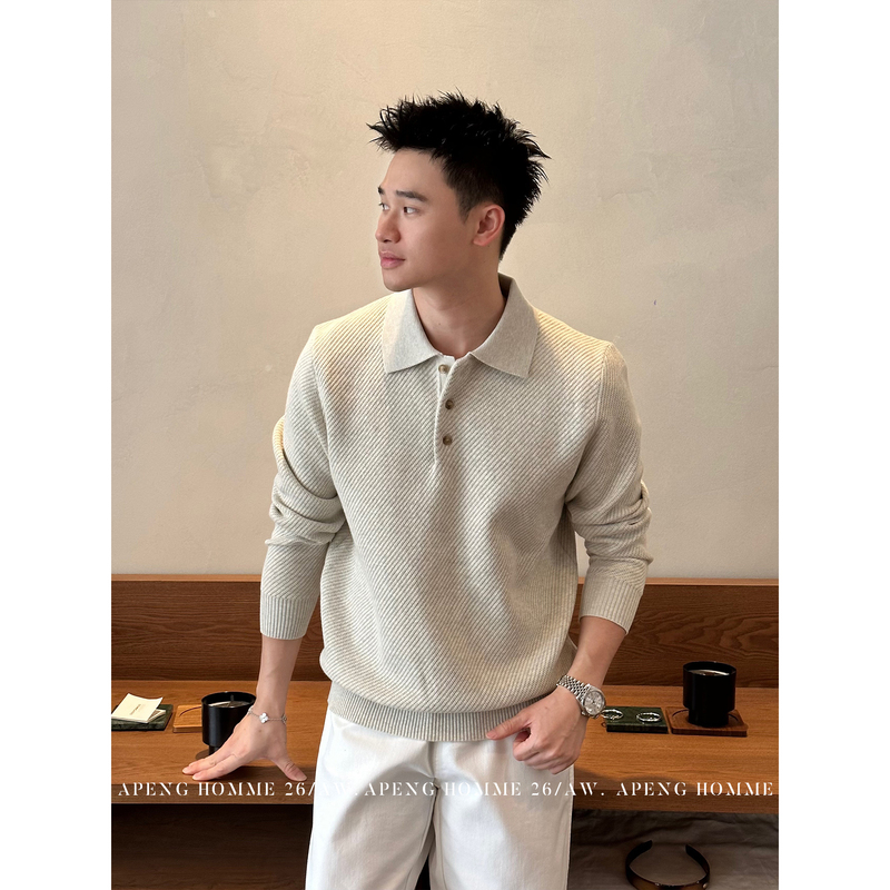 Apeng Autumn Old Money Relaxed Lazy Texture Solid Color Lapel Men's Sweater Polo Knitwear 16831 Apeng Autumn Old Money Relaxed Lazy Texture Solid Color Lapel Men's Sweater Polo Knitwear 16831