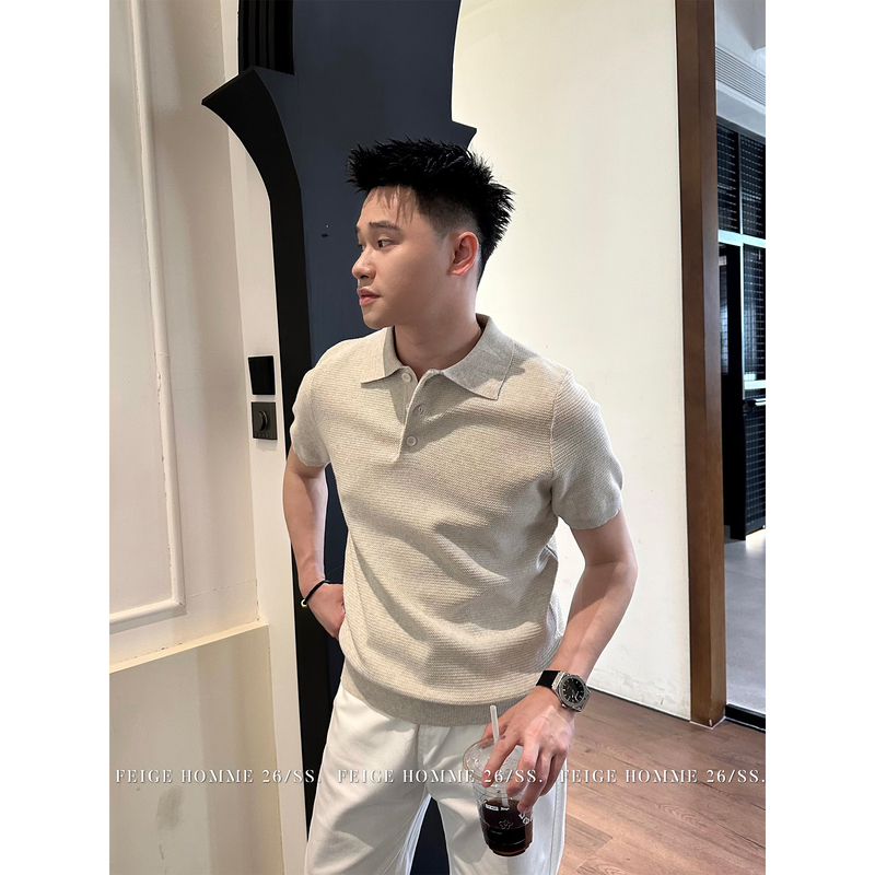 Spring and Summer Series/Old Money Style Relaxed and Lazy Texture Solid Color Lapel Men's Sweater Polo Knitwear 16809