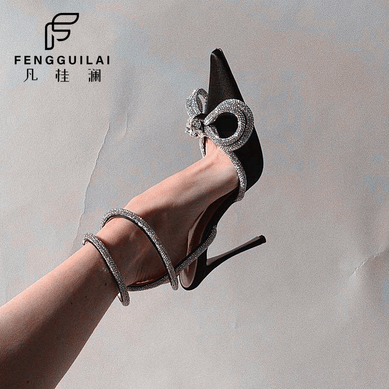 Mach High-Heeled Shoes for Women with Thin Heels, Unique Design, Pointed Toe, Strap, Rhinestone Bow, and Sandals F170