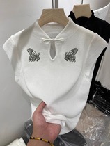 New Chinese style wind printing butterfly upright collar short sleeve T-shirt woman 2024 Summer new advanced senses ice silk knit cardigan