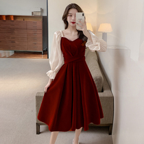 Wine Red Evening Dress Lady Autumn Winter Velvet Long Sleeves Bottom back door clothes high-end mid-length small sub-dress