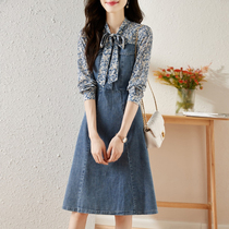 Long Sleeve Crushed Flower Splicing Denim Dress Dress Woman 2023 Early Autumn New Strap Butterfly Knot Temperament Elegant Denim Dress