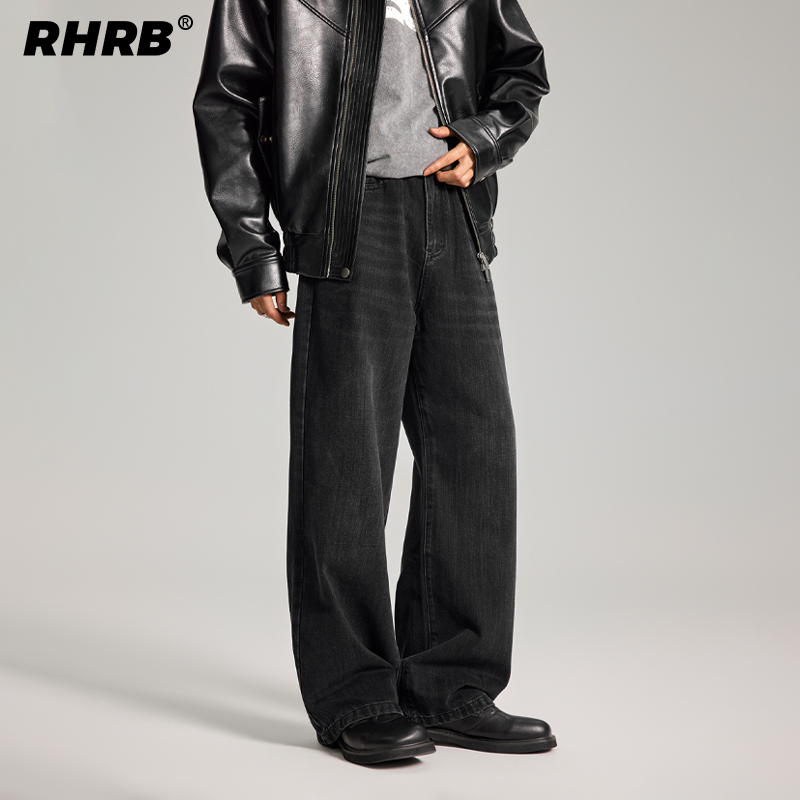 Black Cow Men's Straight Wide-Leg Black Jeans Men's Spring New American High Street Black Cow Loose Long Pants