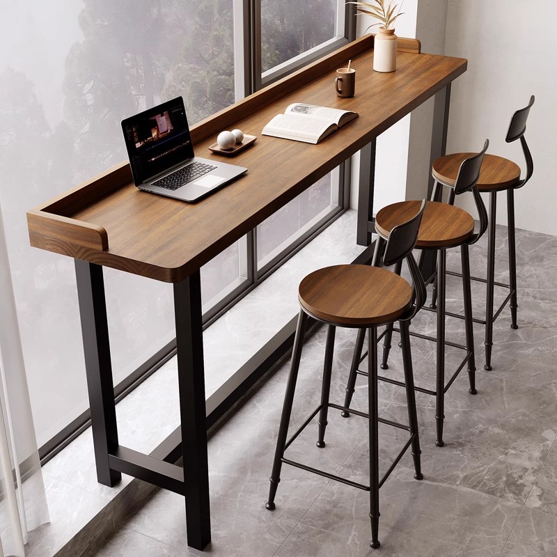 balcony bar desk table home minimalist solid wood long bar table close to window narrow table high and low foot long table high foot table and chairs against wall-Taobao