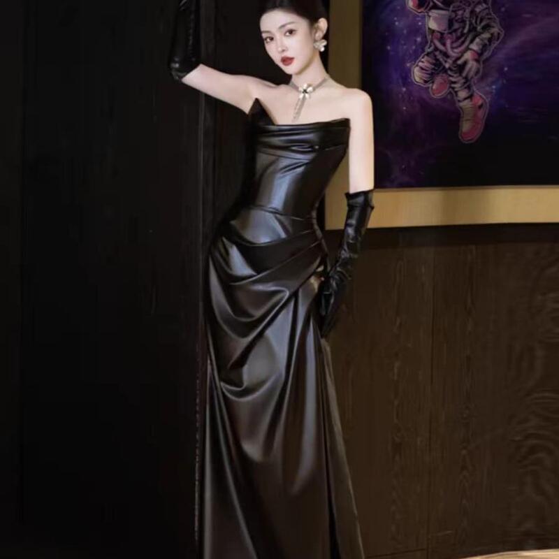 French-Style Black Strapless Light Luxury High-End Wedding Morning Robe Banquet Annual Meeting Birthday Performance Party Toast Evening Dress Leather Skirt