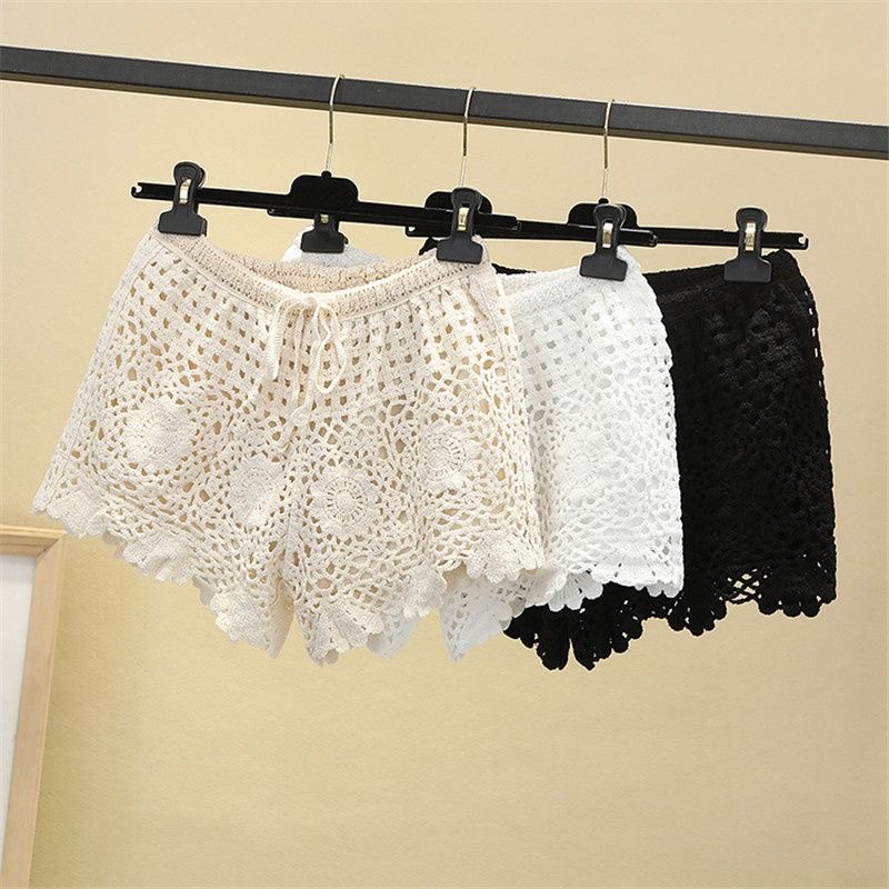New Crochet Hollow-Out Casual Vacation Lace Shorts for Women, Anti-Exposure Safety Shorts, Loose Plus-Size Leggings for Outerwear