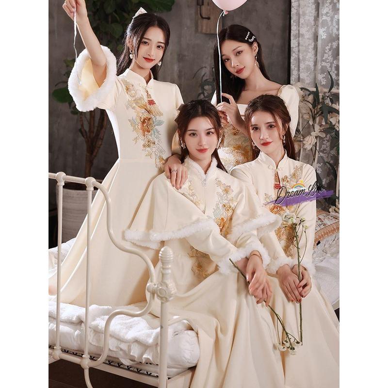 Chinese-Style Bridesmaid Dresses 2026 New Winter Long-Sleeve Wedding Sister Group Dress Champagne Color Long Style with a High-End Feel