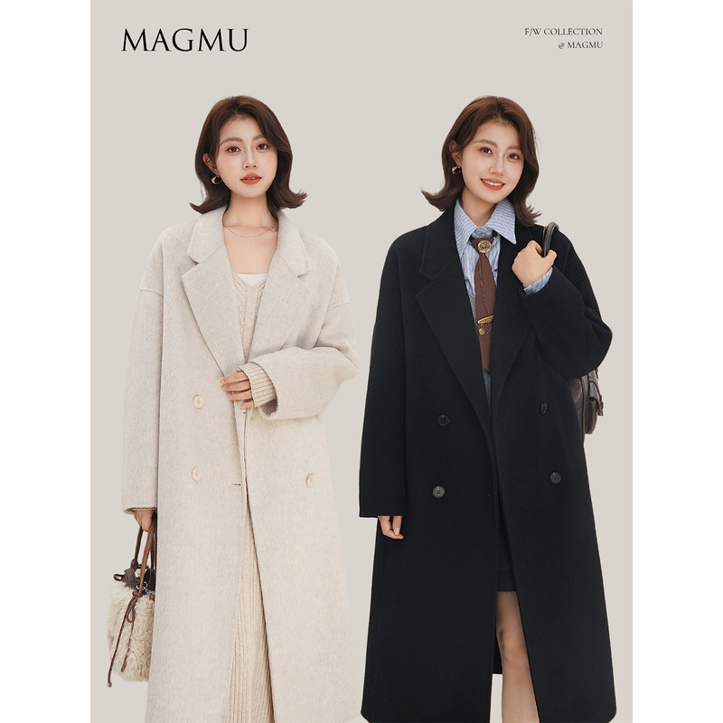 Mcgum【Paris Old Dreams】Wool Double-Faced Coat for Women, Black Mid-Length, High-End and Elegant Outerwear for Autumn and Winter