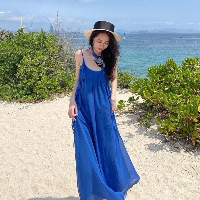 Summer New Style French Retro Klein Blue Suspender Dress Seaside Resort Style Waist-Cinching Sapphire Blue Fairy Long Dress Summer New Style French Retro Klein Blue Suspender Dress Seaside Resort Style Waist-Cinching Sapphire Blue Fairy Long Dress