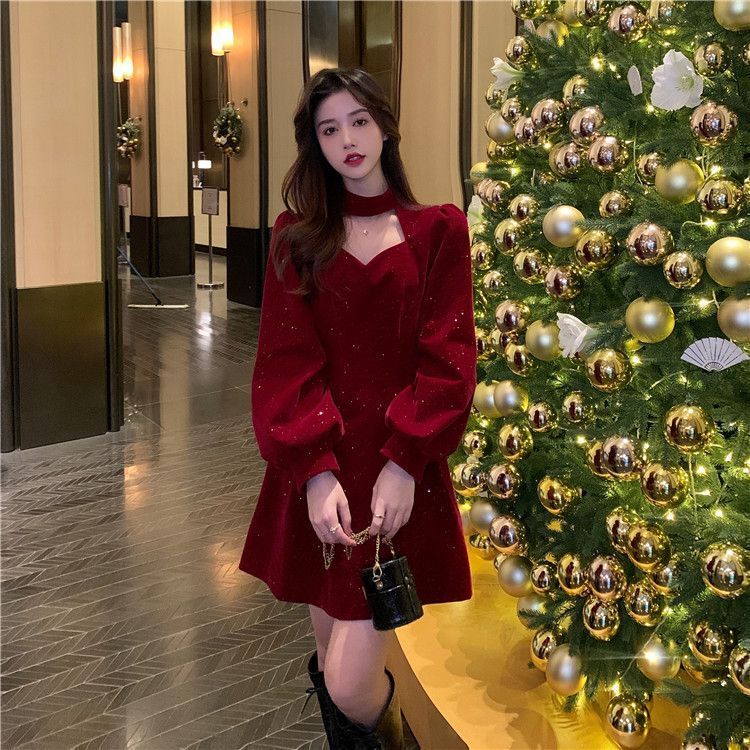 Christmas Red Velvet Dress Autumn and Winter New Niche Design Elegant Annual Party Dress Short Skirt Women's Dress Christmas Red Velvet Dress Autumn and Winter New Niche Design Elegant Annual Party Dress Short Skirt Women's Dress