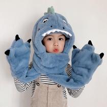 Childrens hat scarf and gloves all in one boys dinosaur ears moving winter warm three-piece set baby plush hat