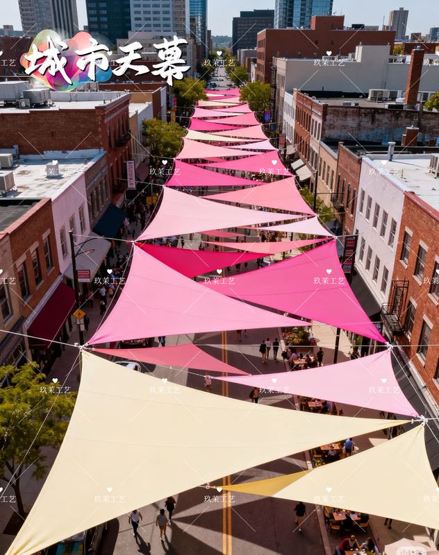 Outdoor Triangular Sunshade Sail Waterproof Sunscreen Net for Courtyard, Shopping Mall, Scenic Area, Ancient Town, Pink Sunshade Canopy