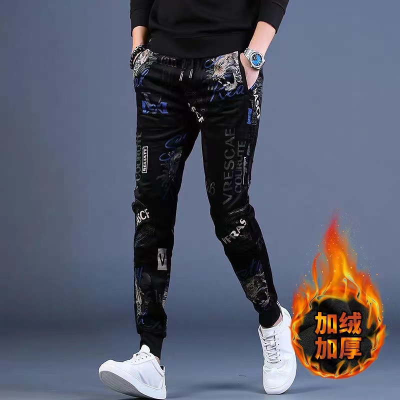 Autumn and Winter Fleece-Lined American-Style Pants for Men, Trendy Brand Tiger Head Print Casual Pants, Fashionable Slim-Fit Winter Warm Sports Pants