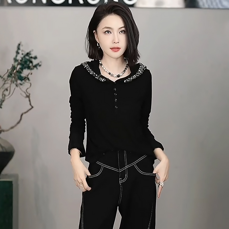 Rongrong [Secret Galaxy] Heavy Sequin Casual Versatile Hooded Base Shirt 25668