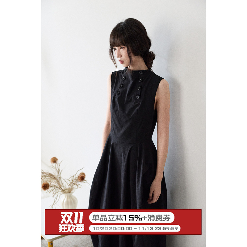 Lbaoraw Black Double-Breasted Sleeveless Dress for Women, Summer Vintage Style, Elegant Floral Dress, Loose Silhouette Long Dress