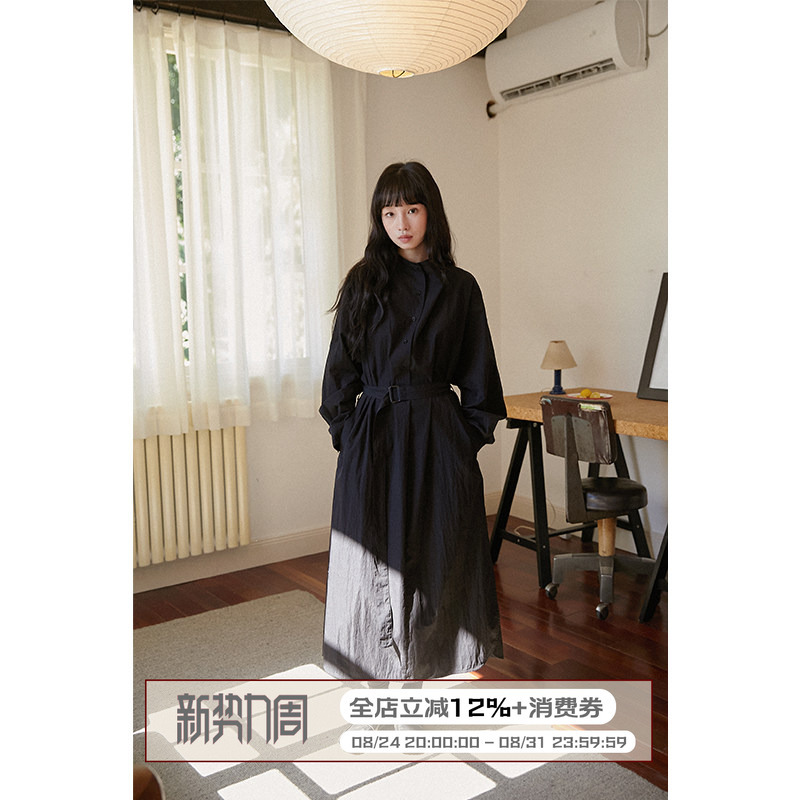 Lbaoraw French Retro Black Stand-Up Collar Shirt Dress for Women in Autumn and Winter Loose Long-Sleeved Dress