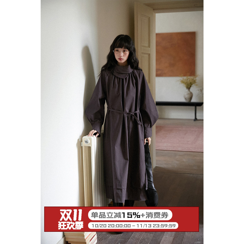 Lbaoraw Dark Brown Floral Neckline Design Loose Elegant Pleated Dress Women's Autumn Belted Long Skirt Lbaoraw Dark Brown Floral Neckline Design Loose Elegant Pleated Dress Women's Autumn Belted Long Skirt