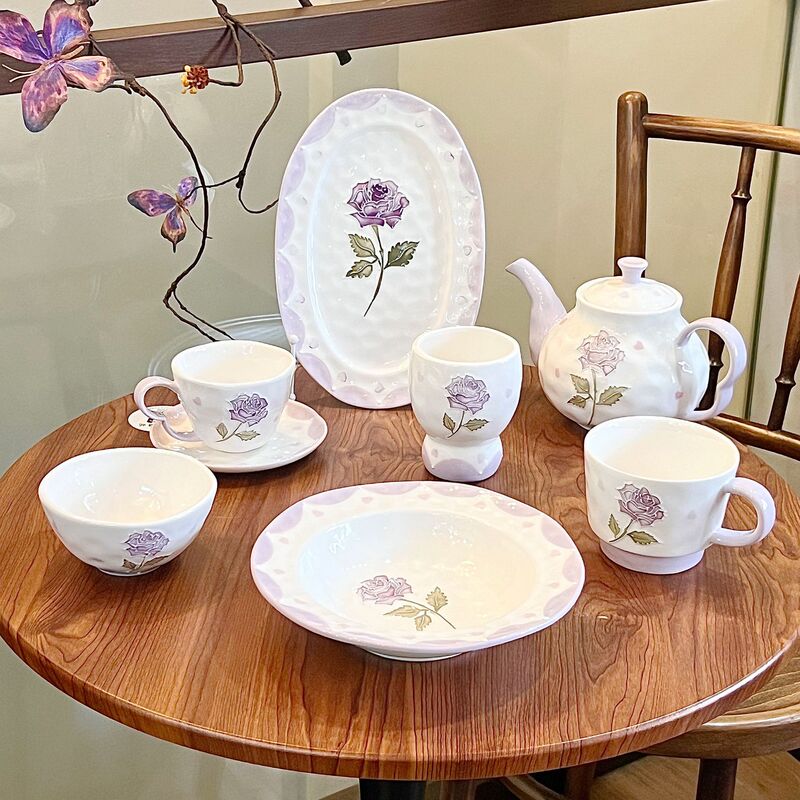 Purple Rose Ceramic Set, High-End Bowls and Plates for Home Use, Purple Teacups, Tableware, Iris Flower Purple Rose Ceramic Set, High-End Bowls and Plates for Home Use, Purple Teacups, Tableware, Iris Flower