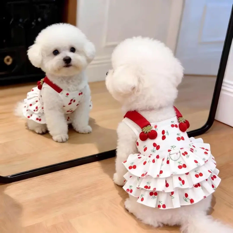 Dog Summer Thin Clothing Breathable Cherry Princess Dress Cute Small Puppies Teddy Bichon Pomeranian Anti-Shedding