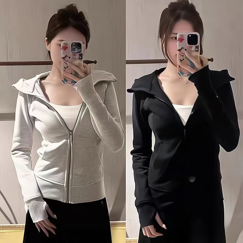 Women's Lulu Sweatshirt, Slimming, Thickened, Casual, Classic, Full-Zip, Fitted, Fleece-Lined Cardigan, Sports Hooded Jacket