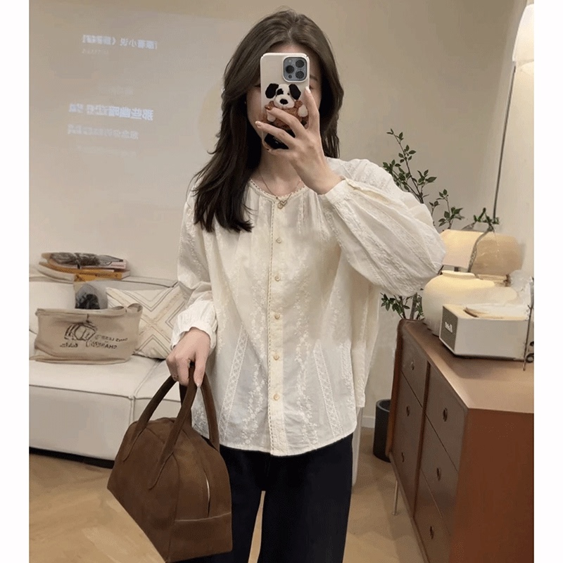 French Lace Long-Sleeved Shirt for Women, New Autumn Style, High-End Jacquard Embroidery, Loose and Stylish Casual Top