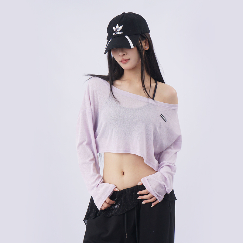 Cool One-Shoulder Slanted Shoulder T-Shirt for Women, Summer Physical Sun Protection Cover-Up, Loose Short Crop Top, Dance Long-Sleeve Top Cool One-Shoulder Slanted Shoulder T-Shirt for Women, Summer Physical Sun Protection Cover-Up, Loose Short Crop Top, Dance Long-Sleeve Top