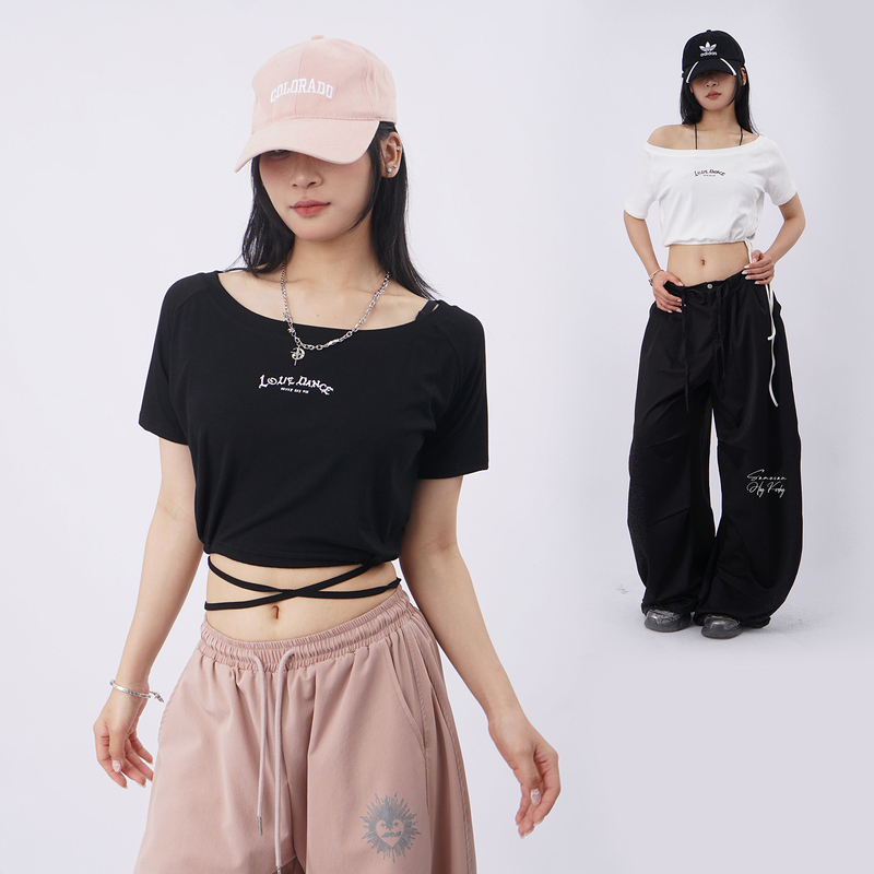 Korean Dance Practice Room Drawstring Waist Short-Sleeved T-Shirt for Women, Summer Short High-Waisted Hot Girl Crop Top for Street Dance and Jazz