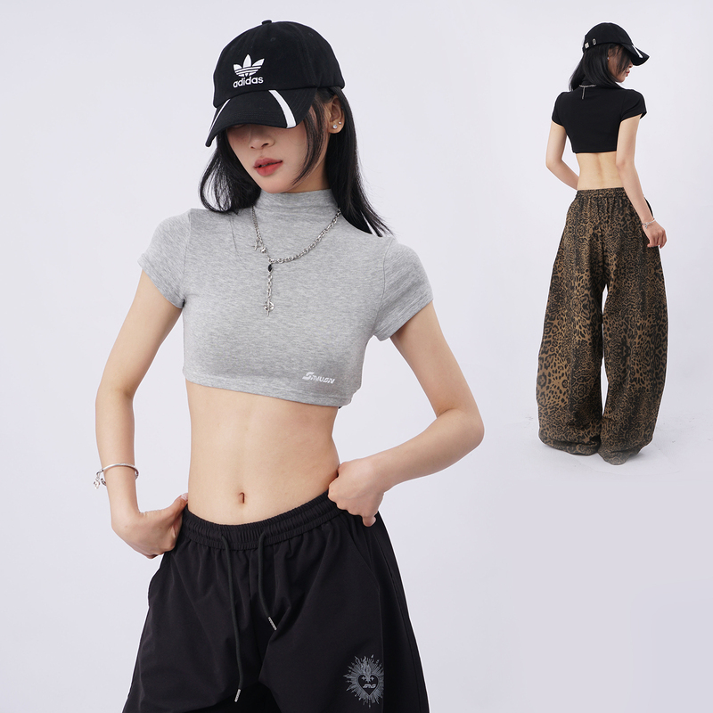 Sweet and Cool Spicy Girl Crop Top Short-Sleeve T-Shirt for Women 2026 Summer New American Style Regular Shoulder Short Top with Small Stand Collar Jazz Top Sweet and Cool Spicy Girl Crop Top Short-Sleeve T-Shirt for Women 2026 Summer New American Style Regular Shoulder Short Top with Small Stand Collar Jazz Top