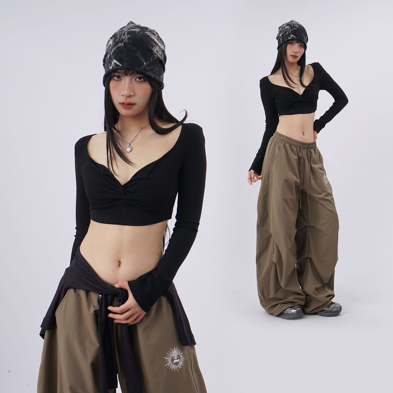 European and American Style ins Sexy V-Neck Long-Sleeve T-Shirt, Short Crop Top, Revealing Waist and Navel, Hip-Hop Jazz Sports Yoga Top