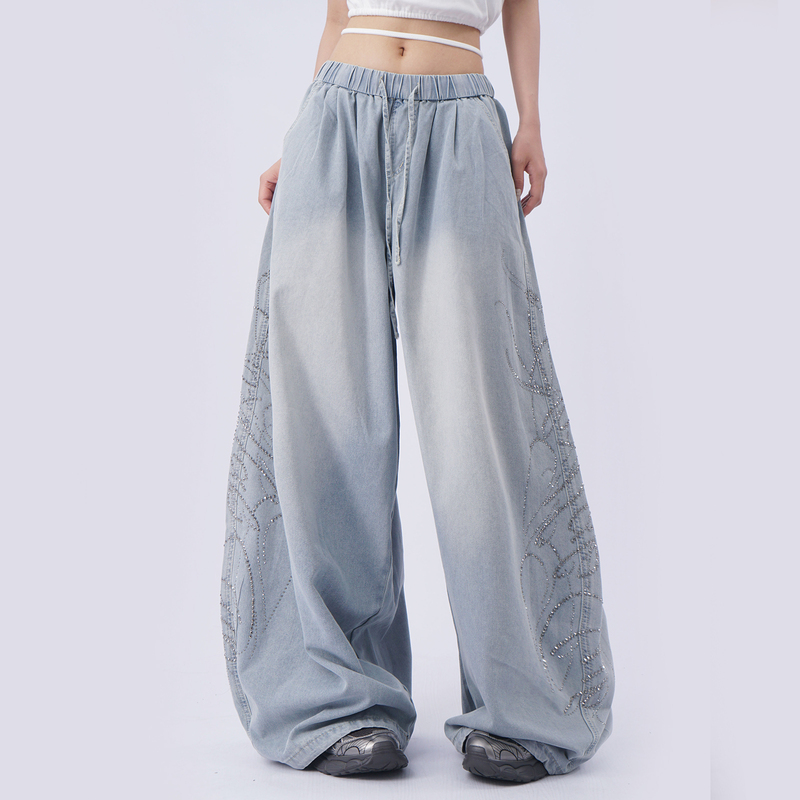 American-Style Heavy-Duty Washed Letter-Embellished Light Blue Denim Wide-Leg Loose Slimming Hip-Hop Casual Pants for Women American-Style Heavy-Duty Washed Letter-Embellished Light Blue Denim Wide-Leg Loose Slimming Hip-Hop Casual Pants for Women