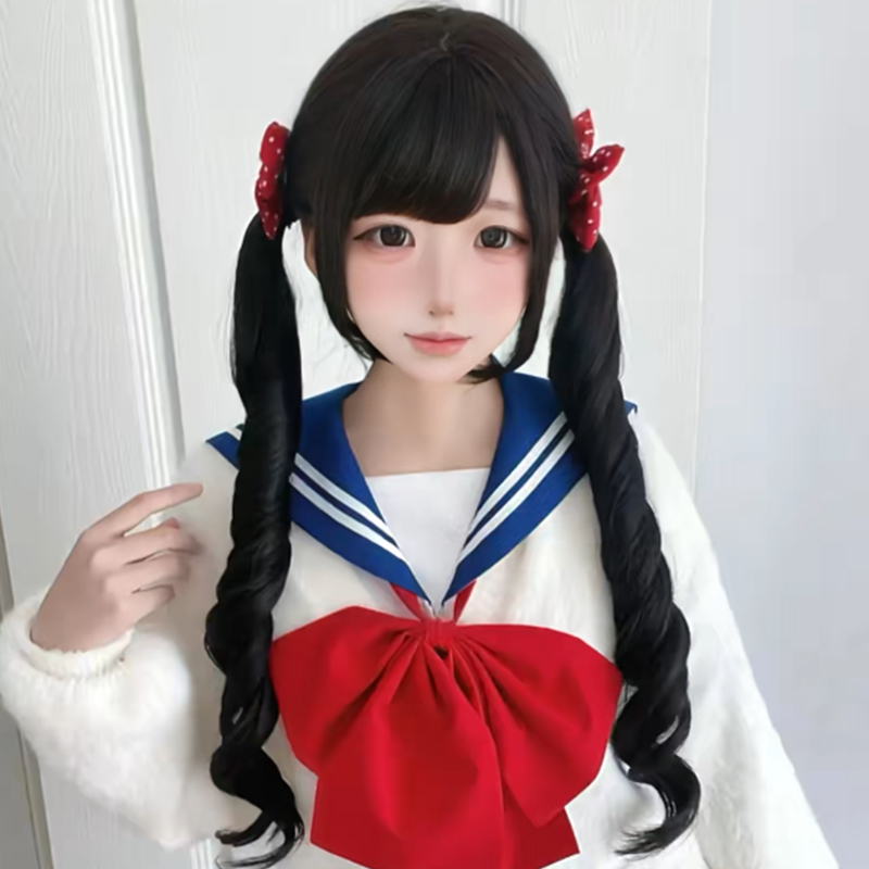 Wig for Women with a Doll-Like Look, Lolita Roman Long Curly Hair, Double Ponytails, Cute Face-Slimming Effect, Full Bangs, Full Head Wig