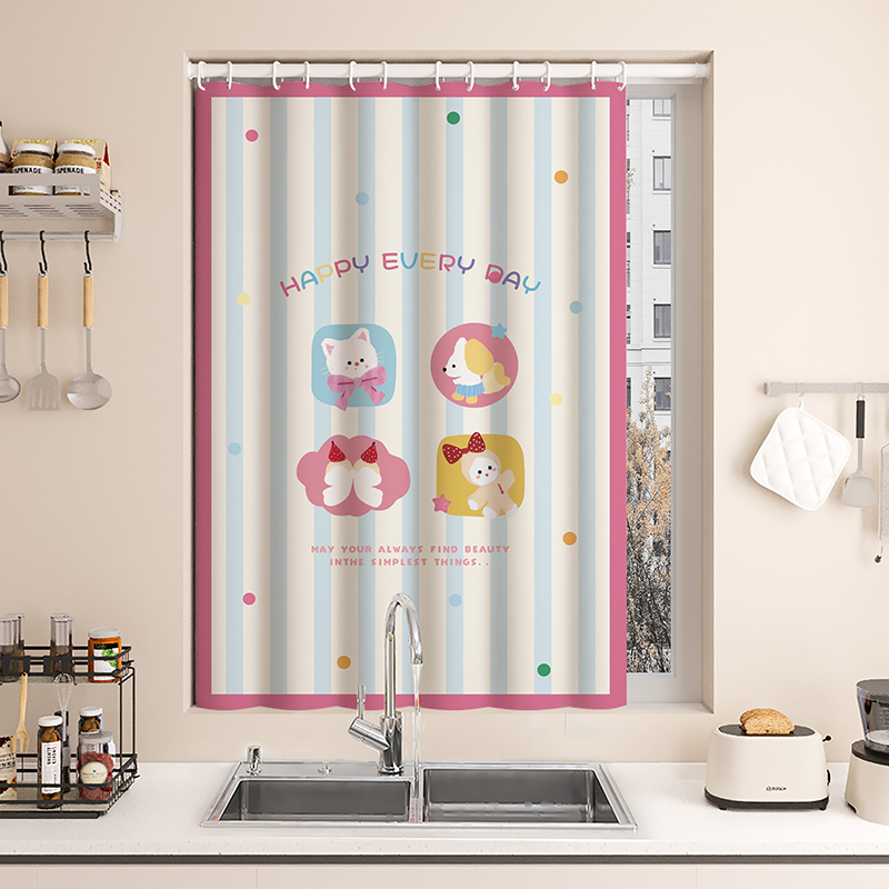 Cartoon Kitchen Curtains, No-Drill Installation, Special Anti-Oil Smoke Window Curtains, Sun Protection, Heat Insulation, Shading, Curtain Pull-Back Curtain