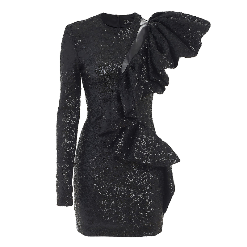 Missstudio Light Luxury Black Sequin Bodycon Dress with Three-Dimensional Ruffles, Long Sleeves, Waist-Cinching, Slimming Party Dress