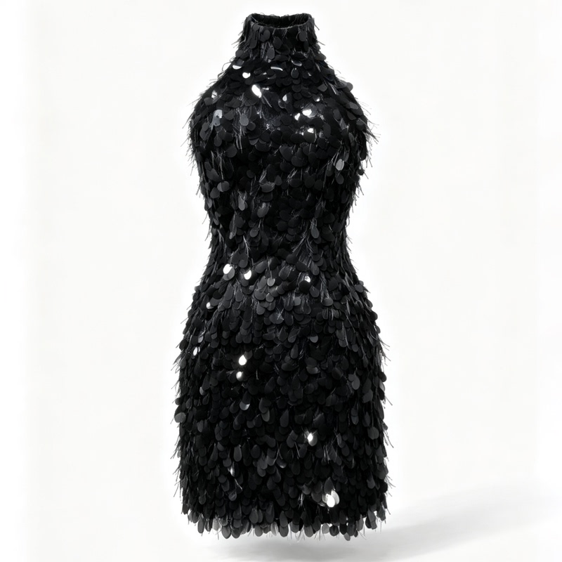 Missstudio Heavy-Duty Black Sequin Feather Dress Sexy High-Neck Scale Tassel Bodycon Mini Dress