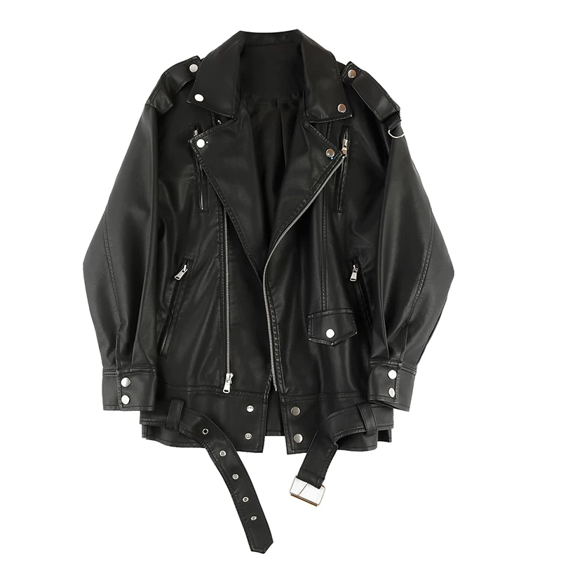 Long autumn polyurethane jacket, mid-length, Korean style, oversize