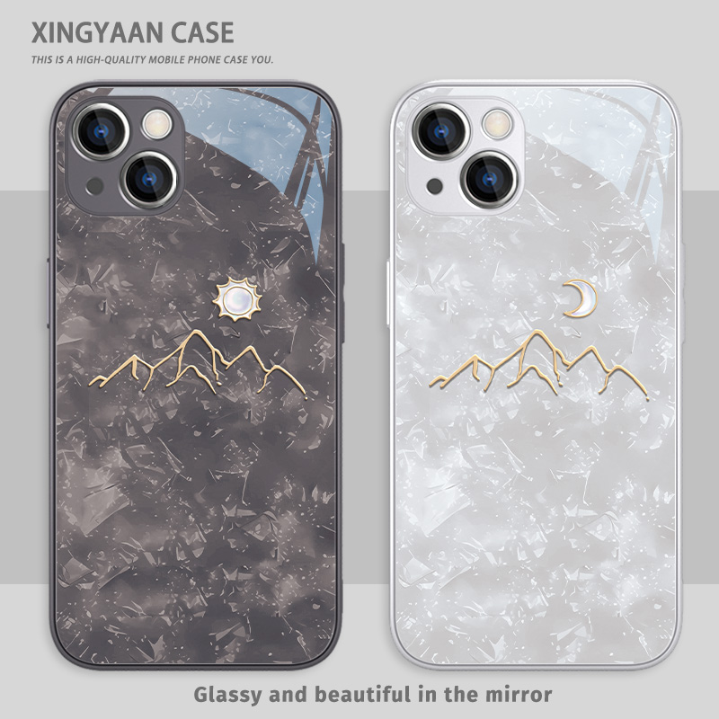 适用iPhone15移动机器壳山脉16promax情侣苹果14小众高级感13简大概8plus7创意12mini太阳11新款x月亮xr玻璃xsmax套