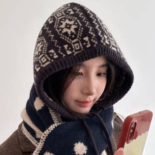 Fair Isle Style Jacquard Knit Hat for Women, Winter Warm Hooded Scarf Integrated Knit Hat with Ear Protection