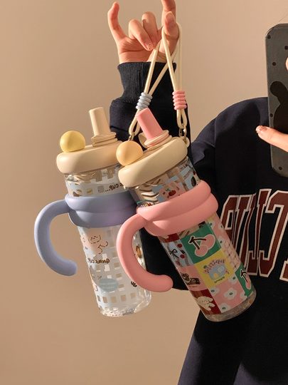 Giant Water Bottle for Girls, High Aesthetic Value, Large Capacity for Summer, Double Drinking Straw, Tea Container, Plastic Ice Cooler Cup