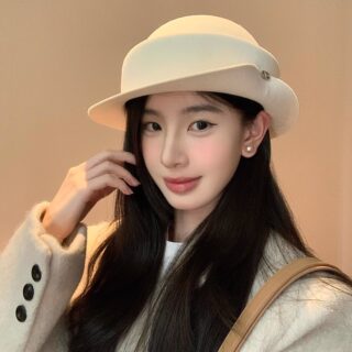 French Retro Wool Hat, Spring and Autumn High-End Rolled-Edge Fisherman Hat, Elegant and Graceful Socialite Style Round-Top Bucket Hat for Women