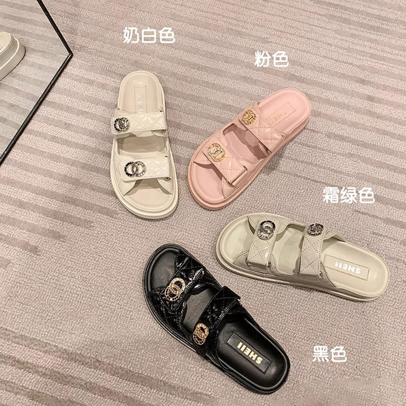 French Uamtor Chanel-Style Genuine Leather Velcro Thick-Soled 2026 New Casual Slippers for Women Outdoor Wear Sandals