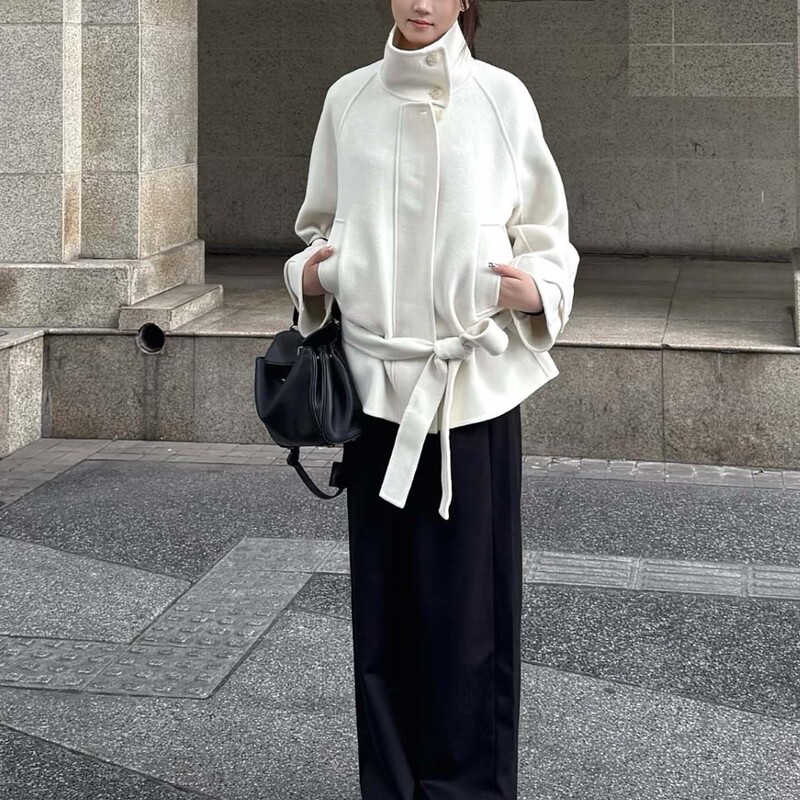 Pure Quality 2025 Autumn and Winter New Style Lace-Up Wool Double-Sided Coat Women's White Woolen Coat